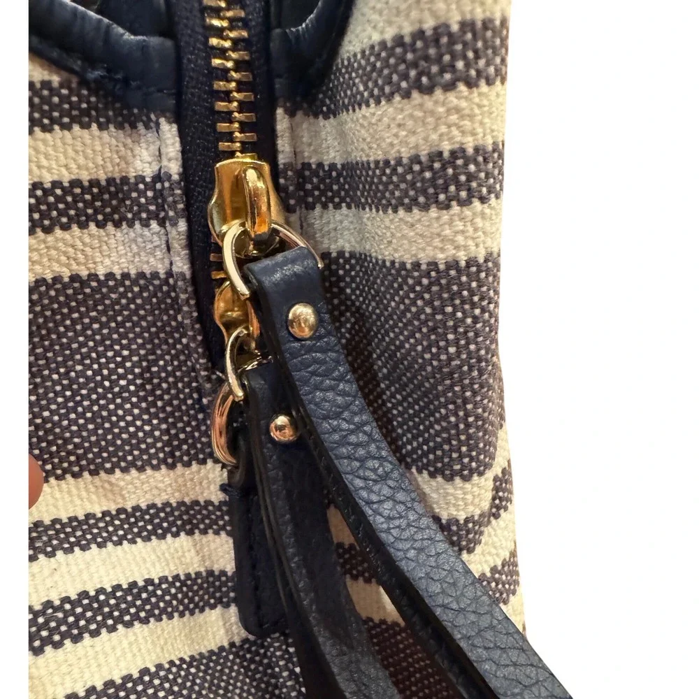 Kate Spade New York Navy White Striped Canvas Satchel Handbag Leather Trim